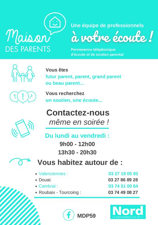 Affiche nouveaux horaires d’écoute et de soutien téléphonique de la Maison de Parents du Douaisis.